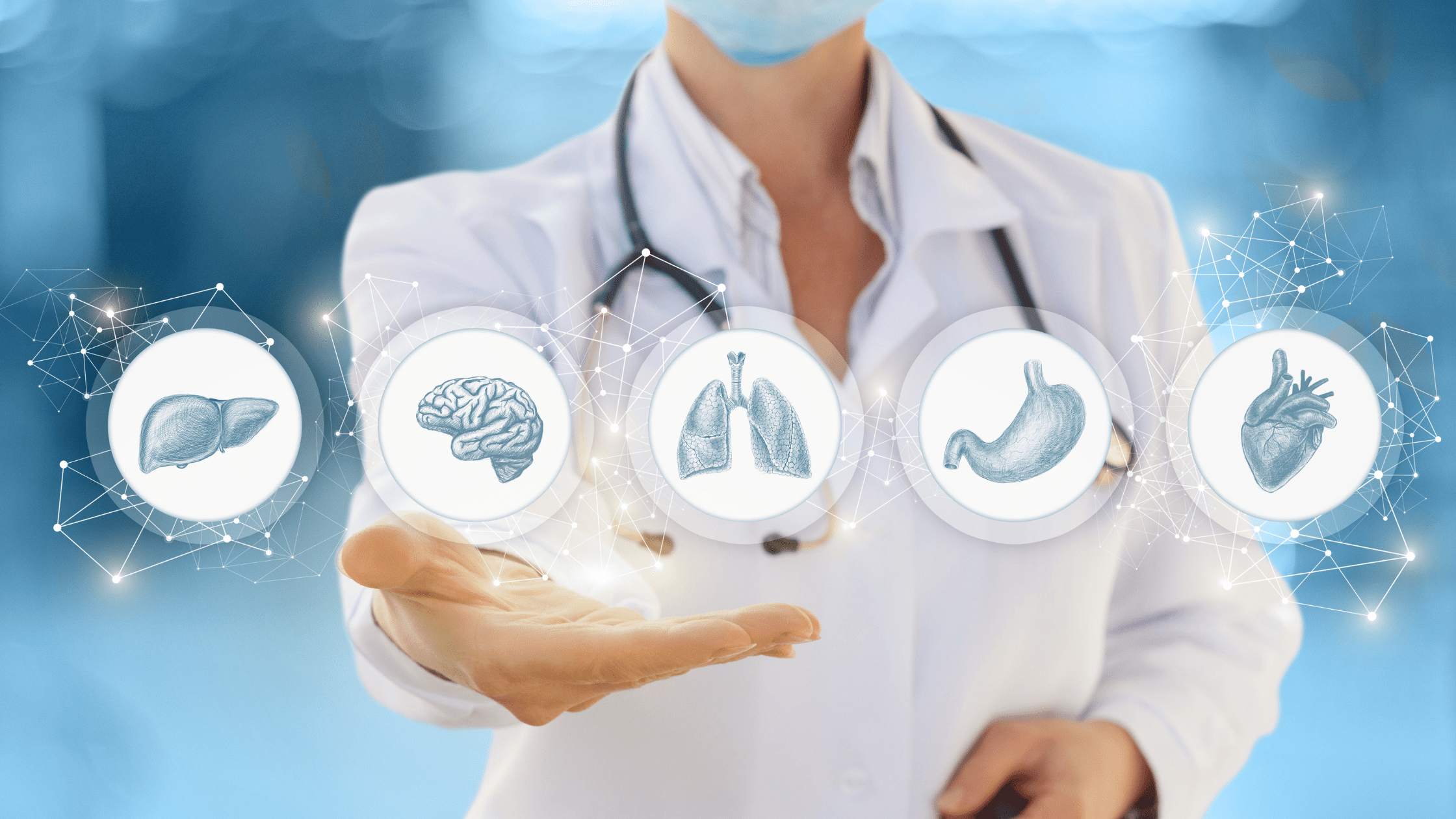 Internal medicine doctor presenting multiple graphics of internal organs.